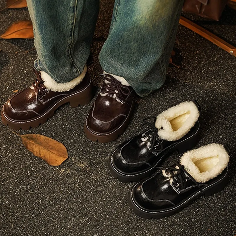 70mm Platform Shearling Lined Lace-Up Chunky Sheepskin Oxford Shoes with Plush Edge Dark Brown/Black