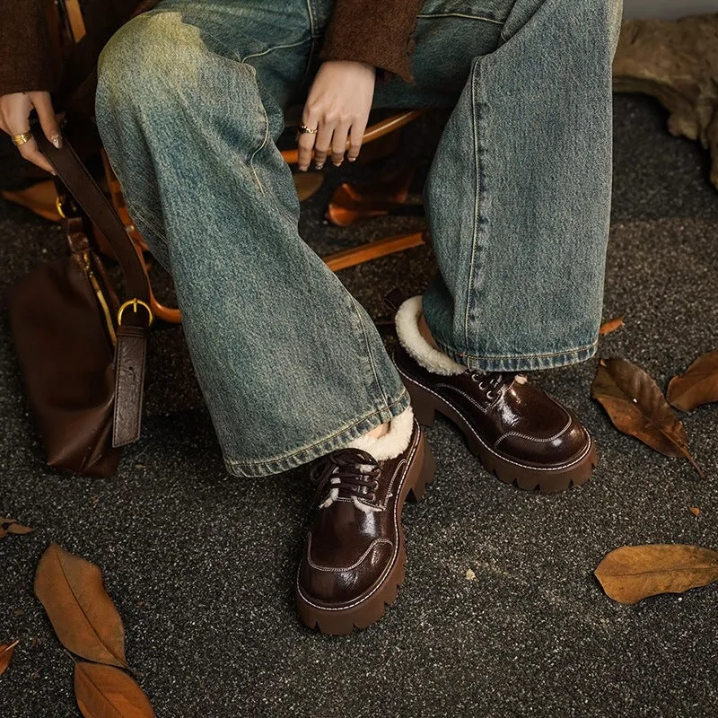 70mm Platform Shearling Lined Lace-Up Chunky Sheepskin Oxford Shoes with Plush Edge Dark Brown/Black