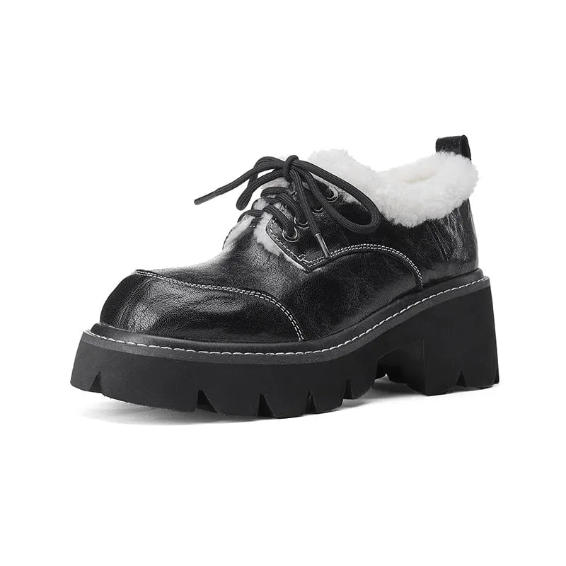 70mm Platform Shearling Lined Lace-Up Chunky Sheepskin Oxford Shoes with Plush Edge Dark Brown/Black