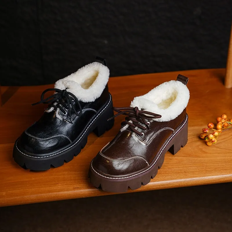70mm Platform Shearling Lined Lace-Up Chunky Sheepskin Oxford Shoes with Plush Edge Dark Brown/Black