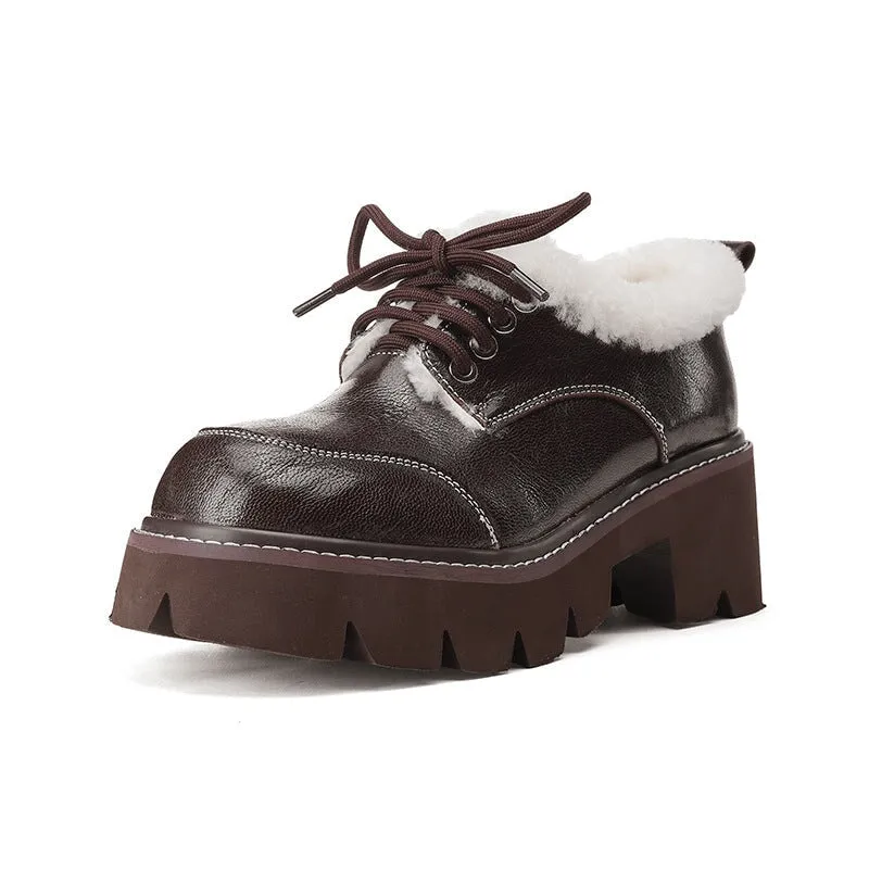 70mm Platform Shearling Lined Lace-Up Chunky Sheepskin Oxford Shoes with Plush Edge Dark Brown/Black