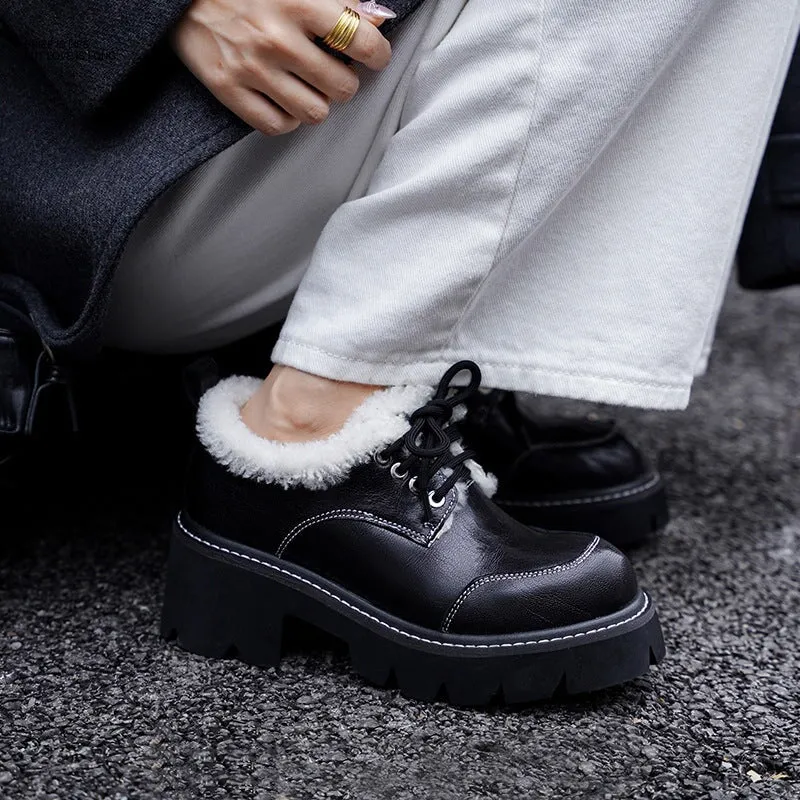 70mm Platform Shearling Lined Lace-Up Chunky Sheepskin Oxford Shoes with Plush Edge Dark Brown/Black