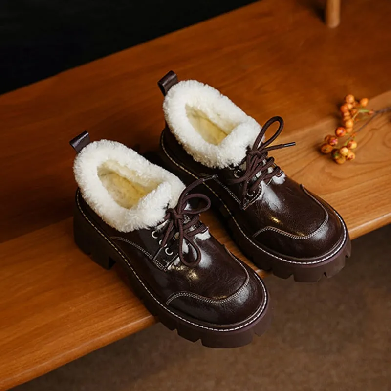 70mm Platform Shearling Lined Lace-Up Chunky Sheepskin Oxford Shoes with Plush Edge Dark Brown/Black