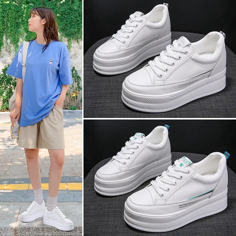 7cm Microfiber Leather Women Casual Shoes White Platform Wedge Hidden Heel Shoes White Shoes Chunky Sneakers Skateboard