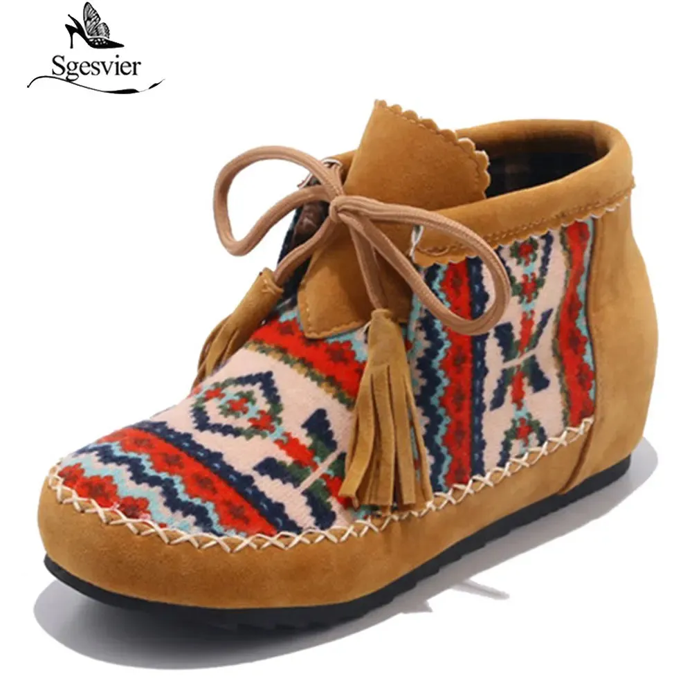 Ashore Shop Spring Autumn Fashion Large Size 34-43 Embroider Flock Lace Up Ankle Boots