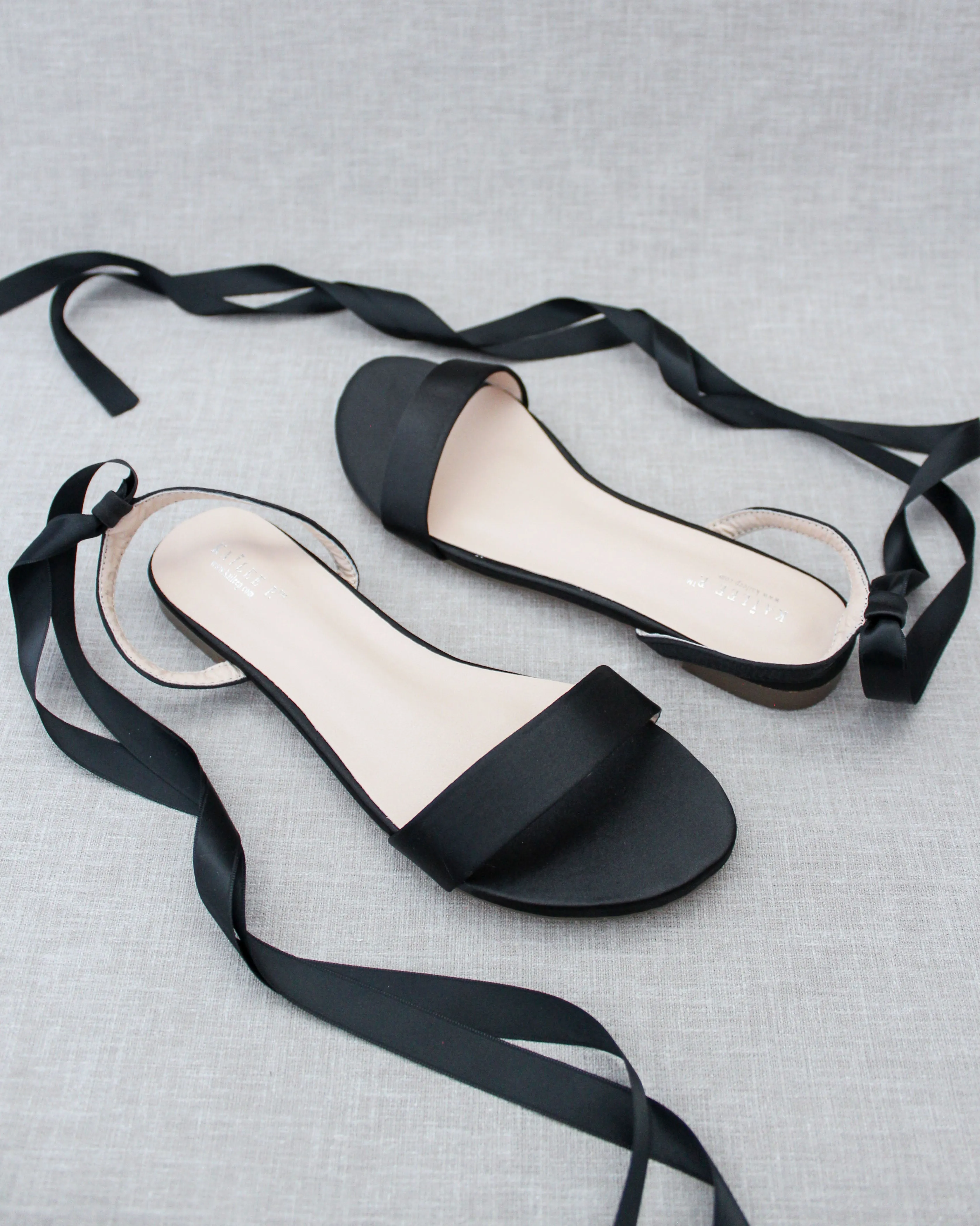 Black Satin Flat Sandal with Ballerina Lace Up