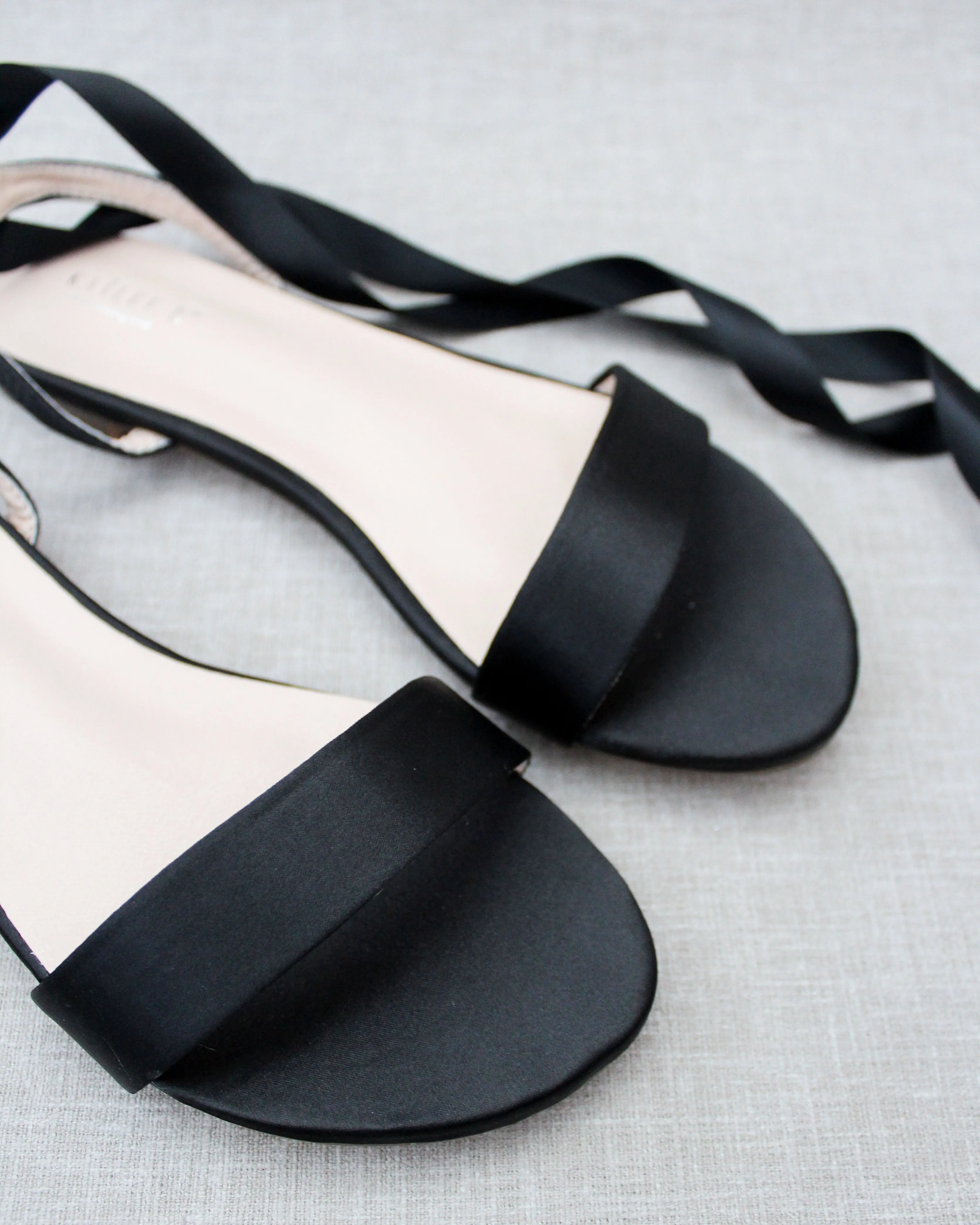 Black Satin Flat Sandal with Ballerina Lace Up