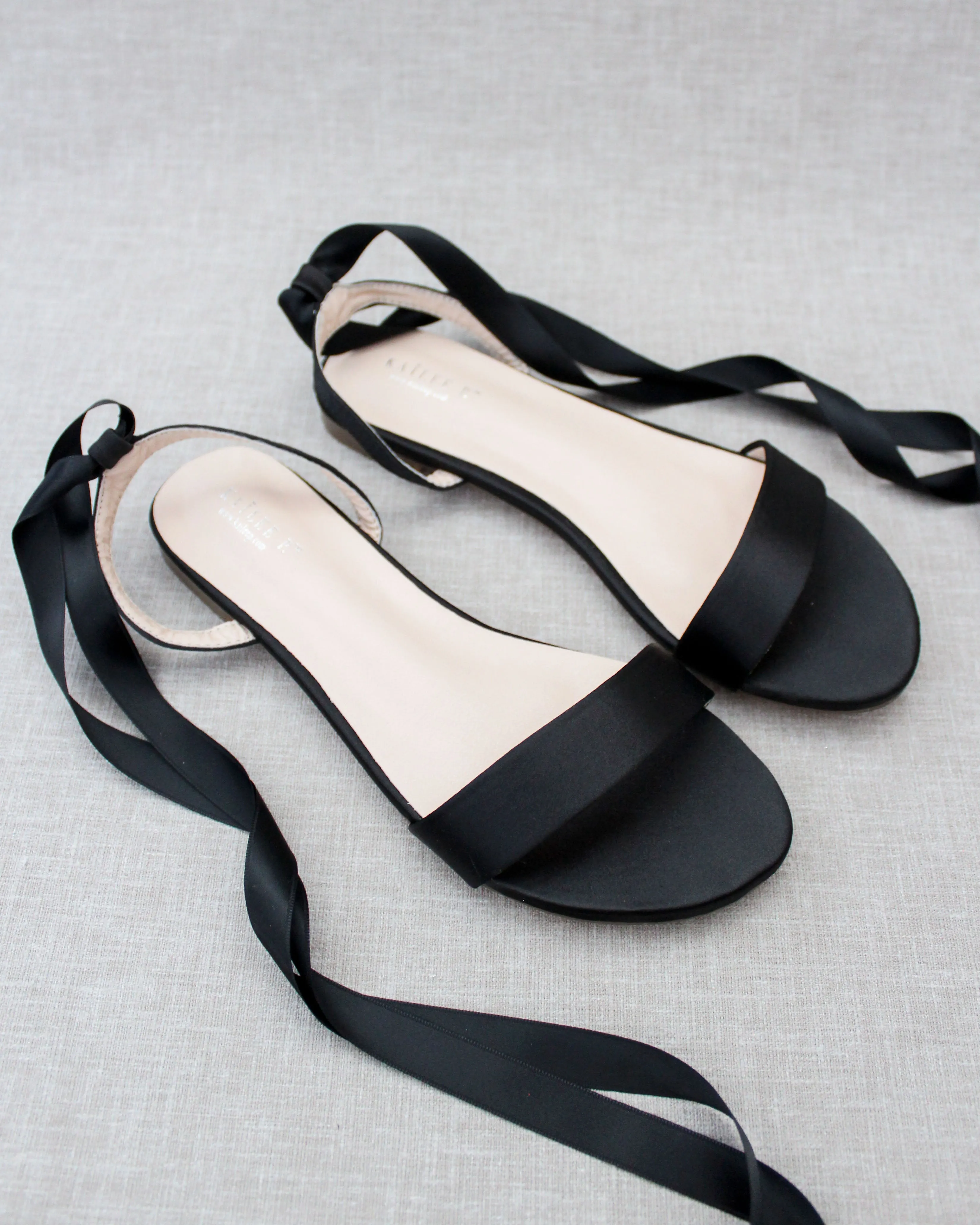 Black Satin Flat Sandal with Ballerina Lace Up