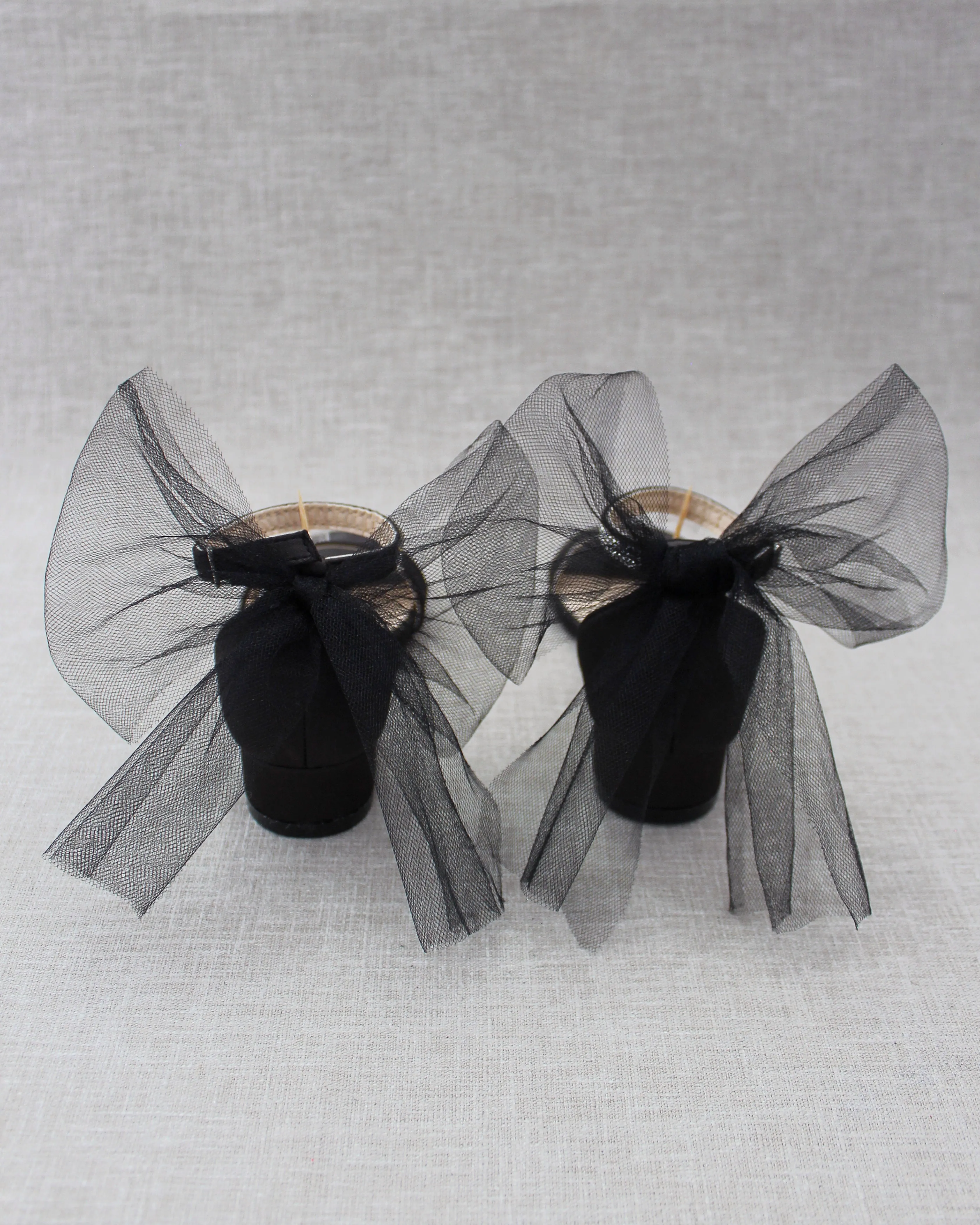 Black Satin Girls Block Heel Sandals with Tulle Back Bow