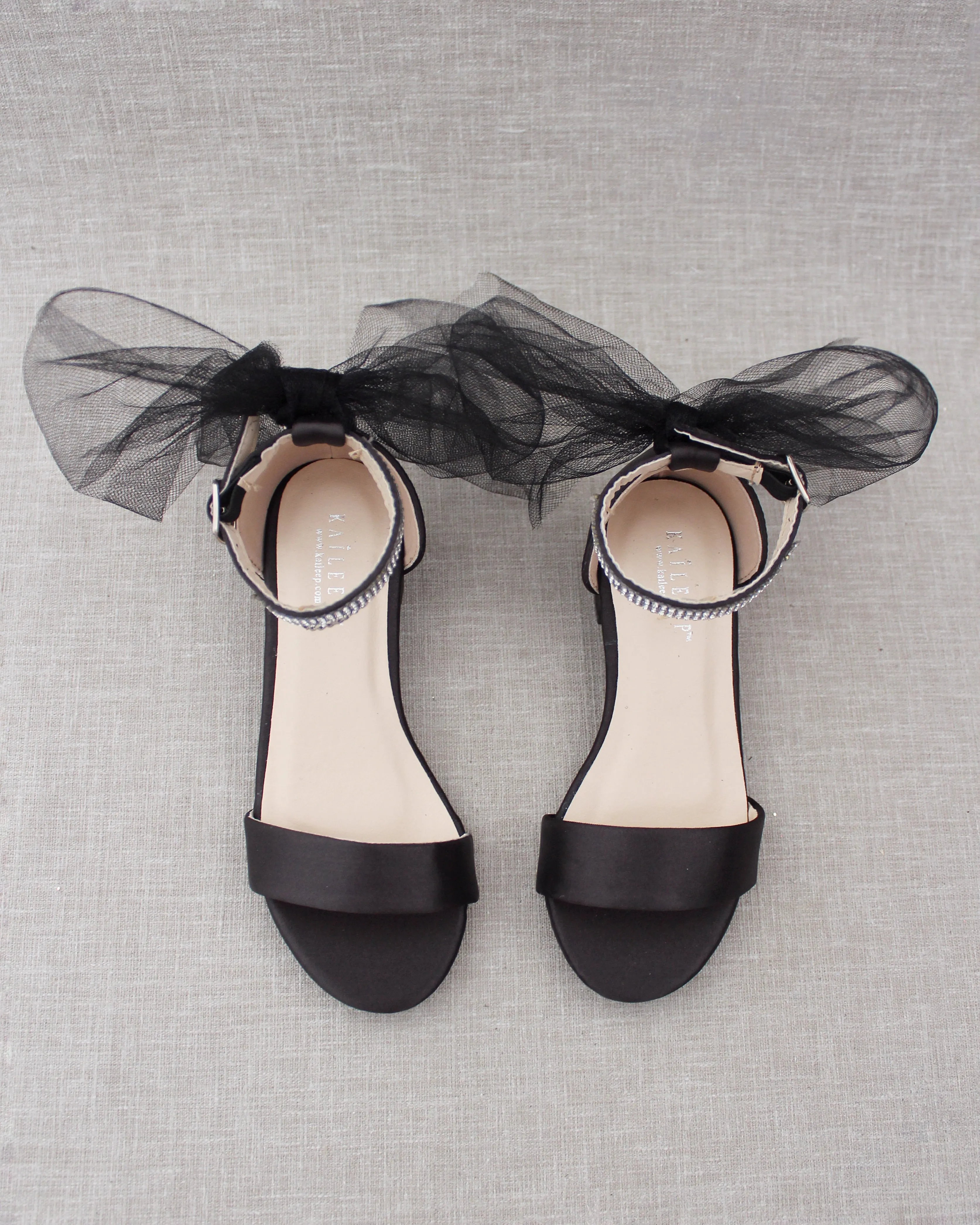 Black Satin Girls Block Heel Sandals with Tulle Back Bow