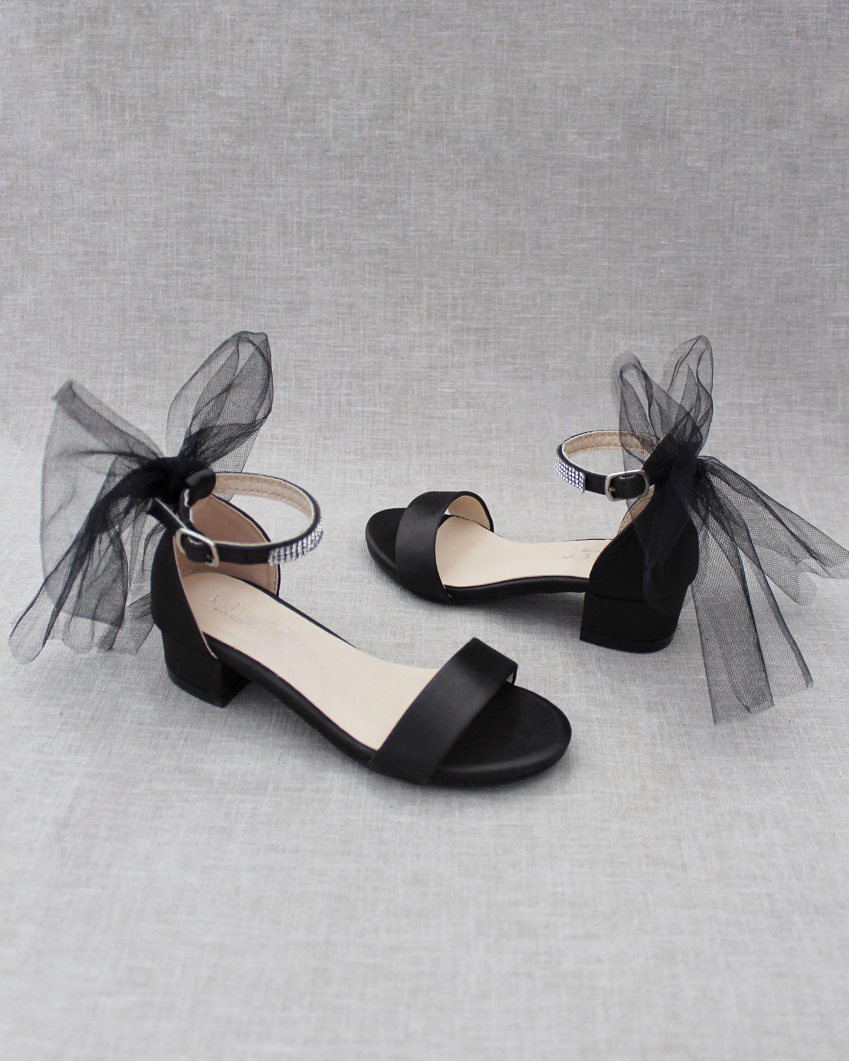 Black Satin Girls Block Heel Sandals with Tulle Back Bow