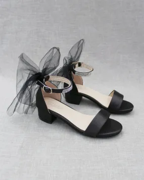 Black Satin Girls Block Heel Sandals with Tulle Back Bow