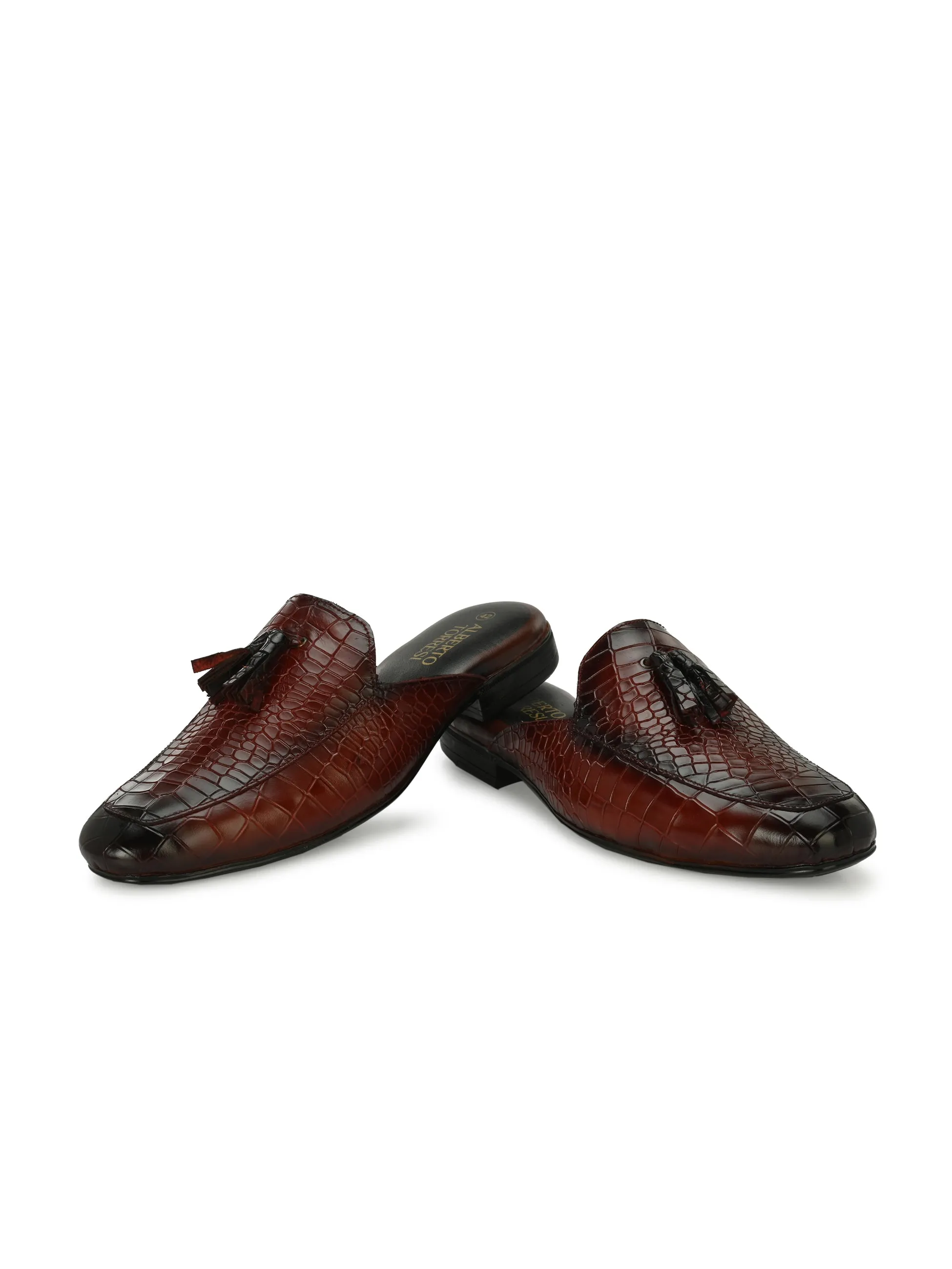 Bordo Leather Textured Tasseled Mules