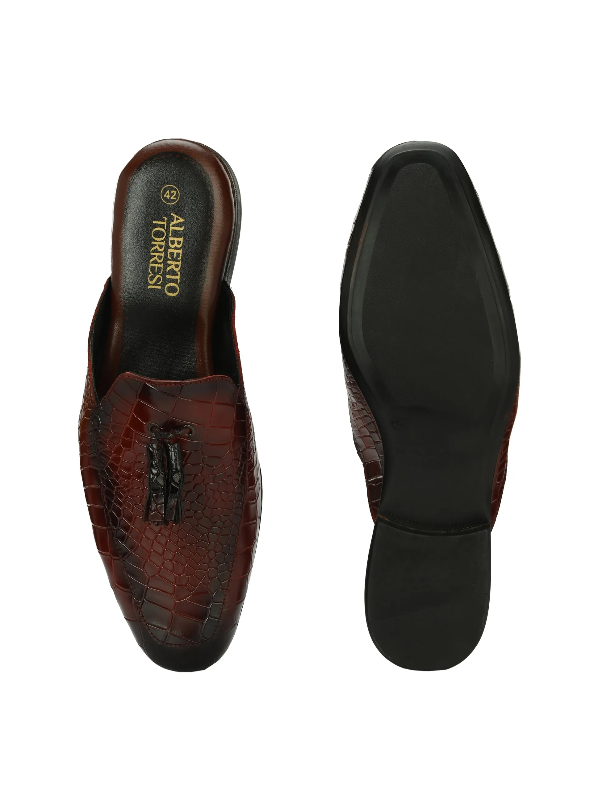 Bordo Leather Textured Tasseled Mules