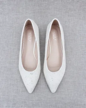 Bridal White Pointy Toe Glitter Flats