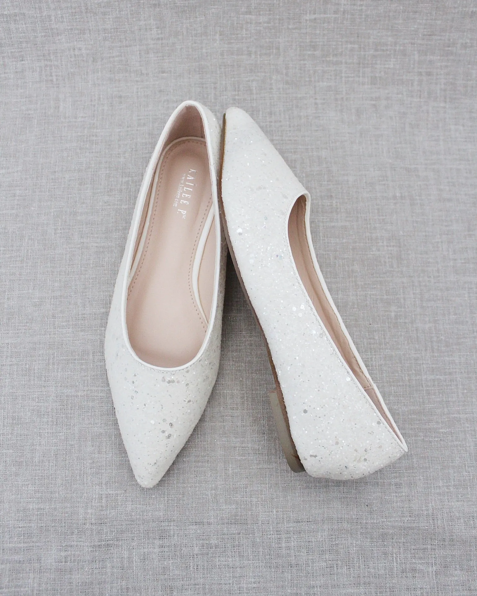 Bridal White Pointy Toe Glitter Flats