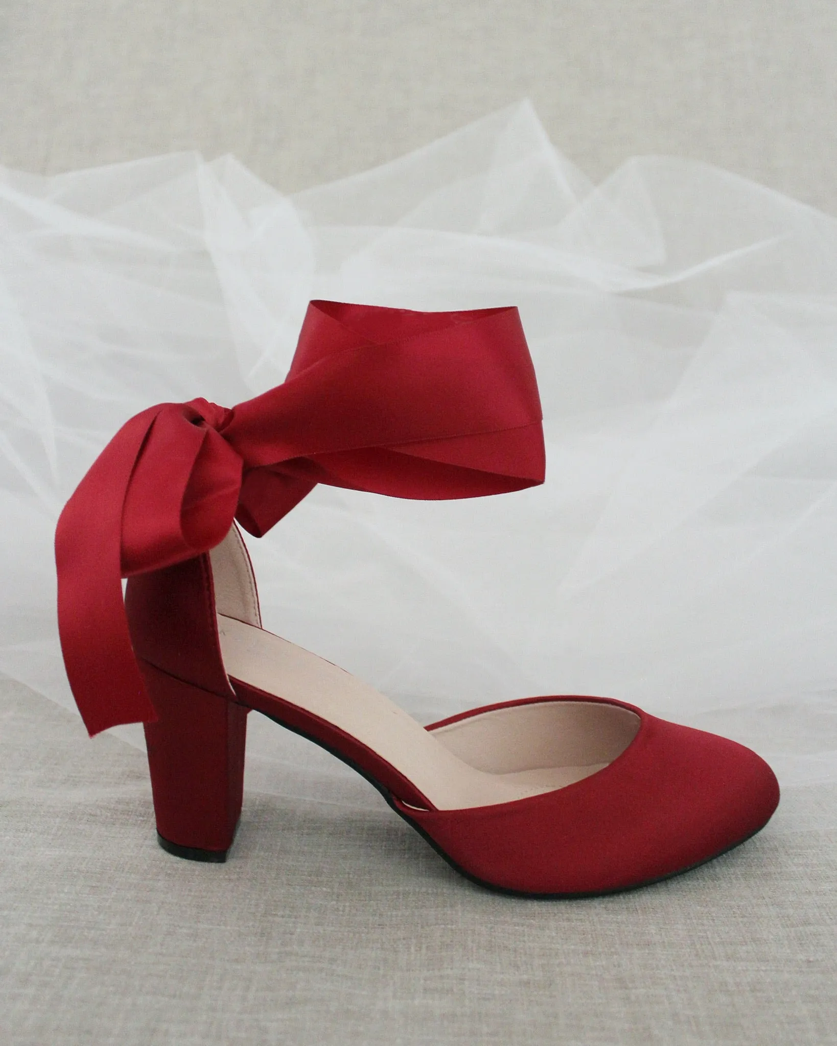 Burgundy Satin Block Heel with Wrapped Satin Tie