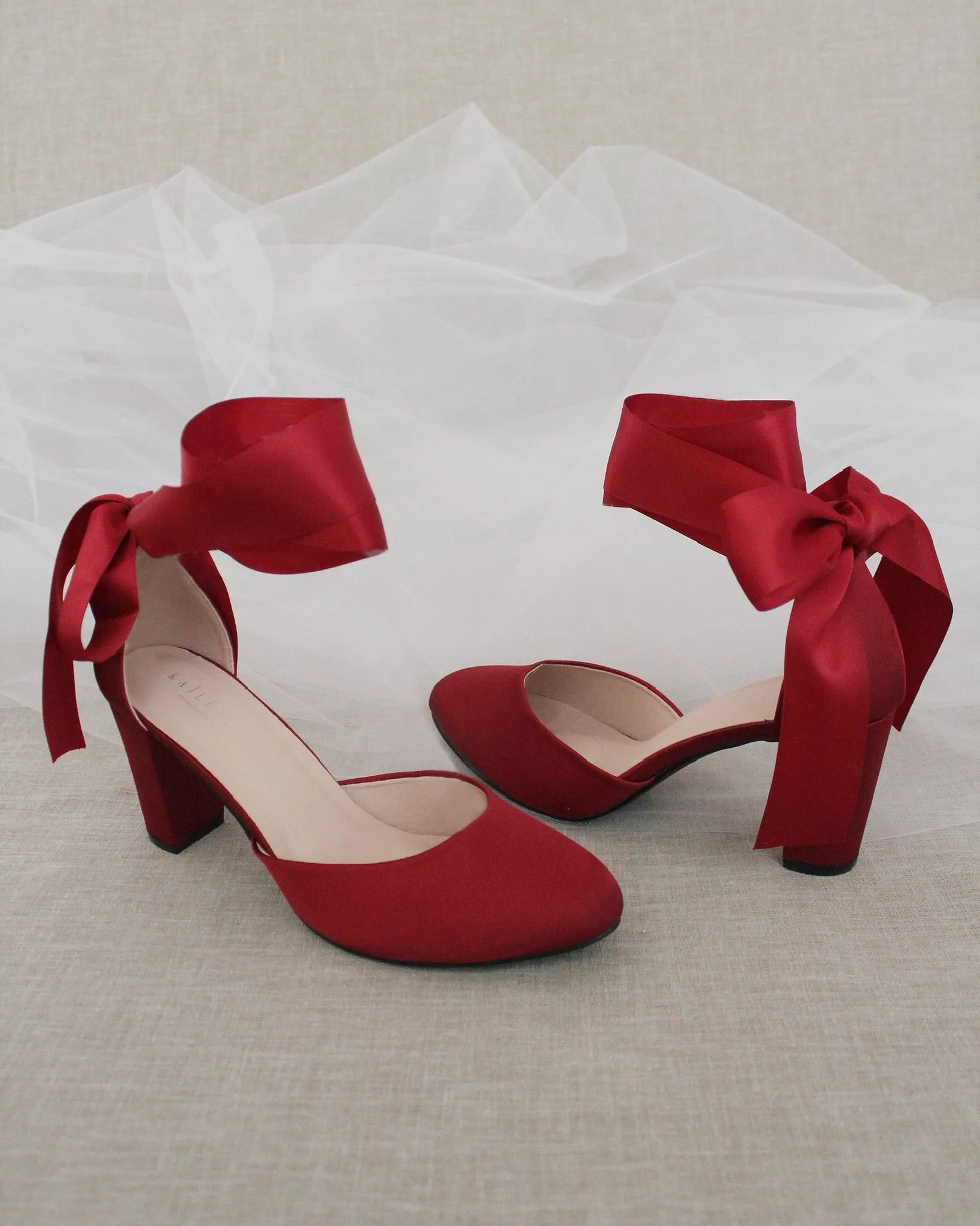 Burgundy Satin Block Heel with Wrapped Satin Tie