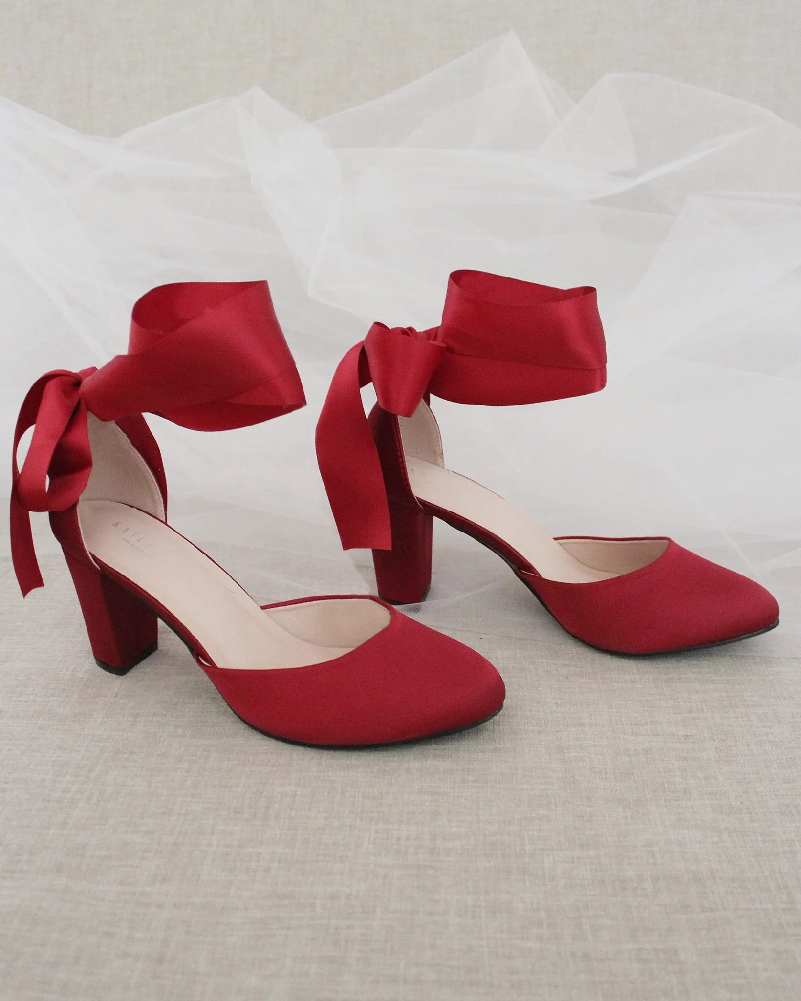 Burgundy Satin Block Heel with Wrapped Satin Tie