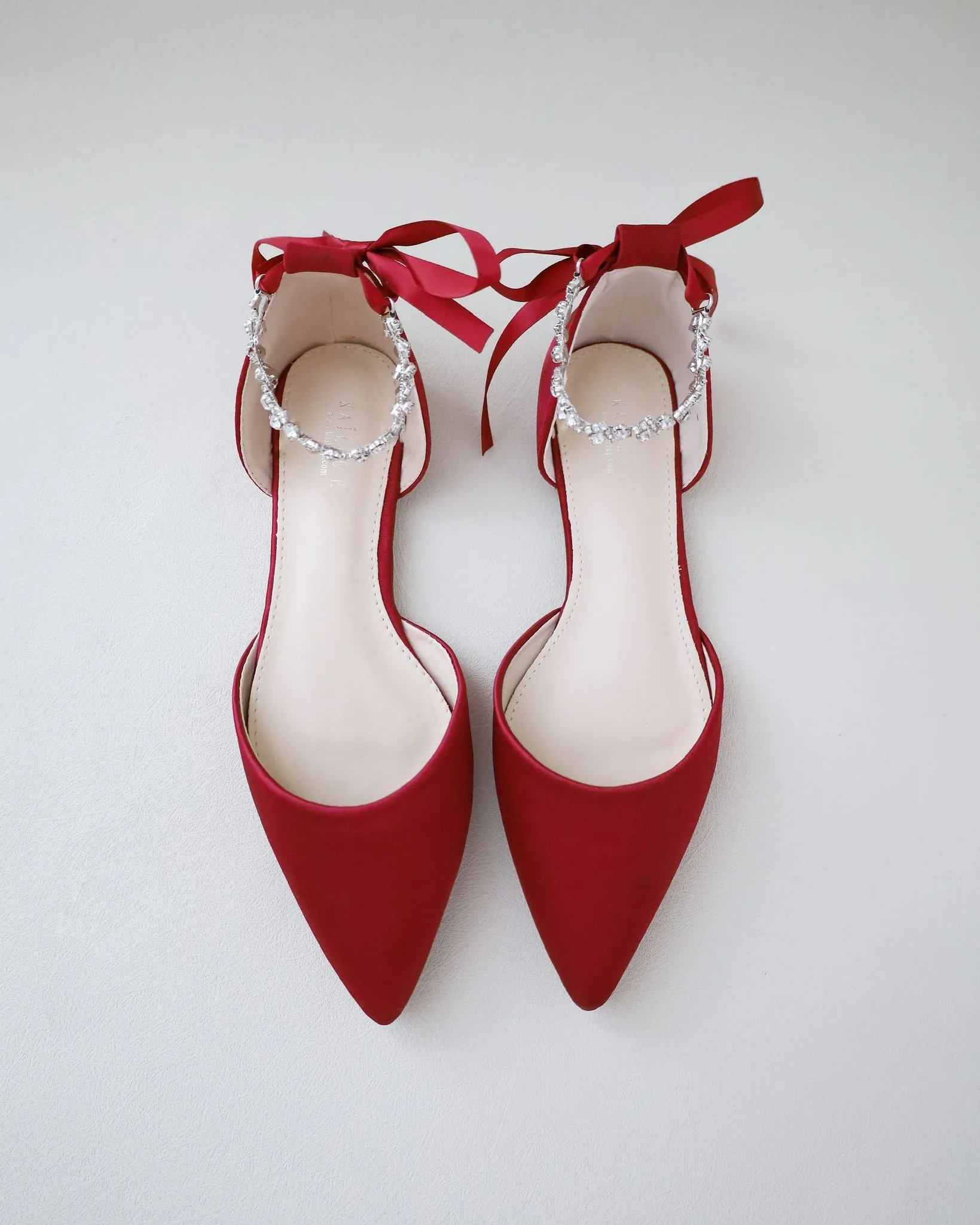 Burgundy Satin Pointy Toe Evening Flats with Amaryllis Strap