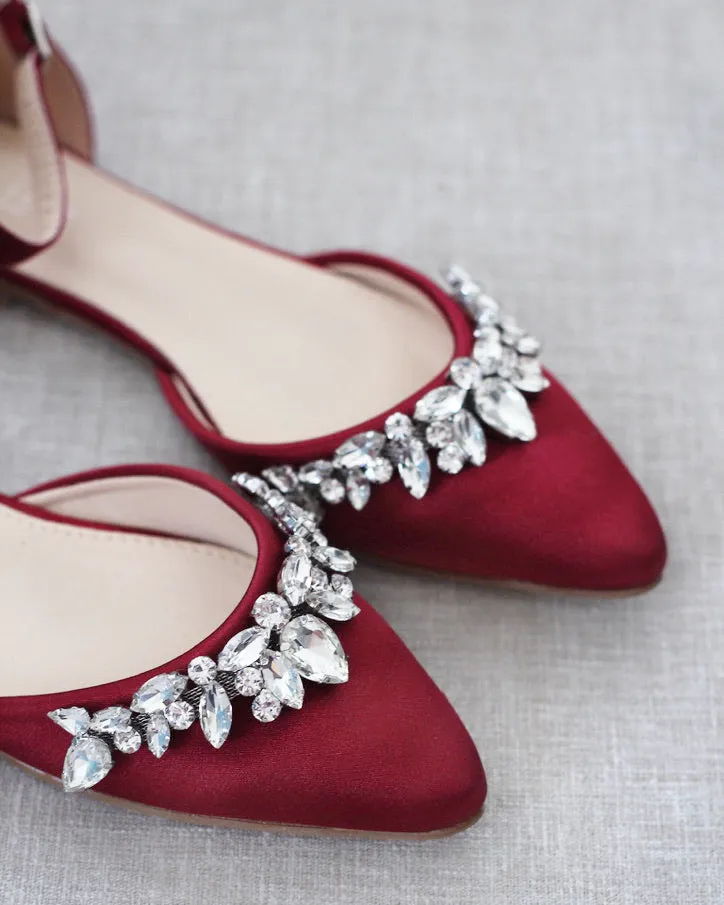 Burgundy Satin Pointy Toe Flats with Teardrop Rhinestones Embellishments