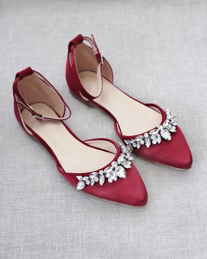 Burgundy Satin Pointy Toe Flats with Teardrop Rhinestones Embellishments