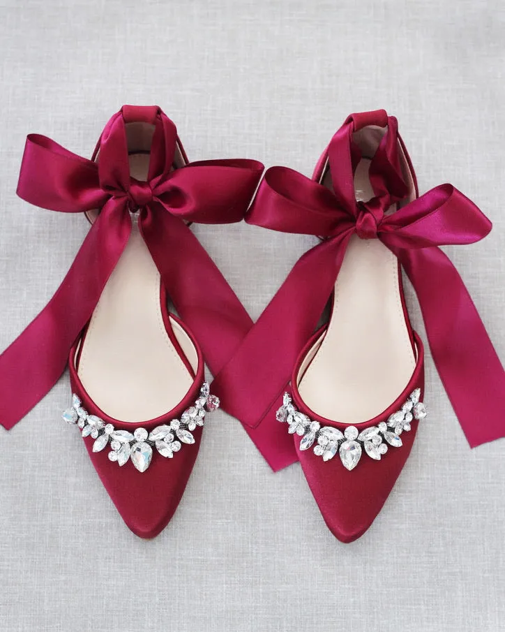 Burgundy Satin Pointy Toe Flats with Teardrop Rhinestones Embellishments