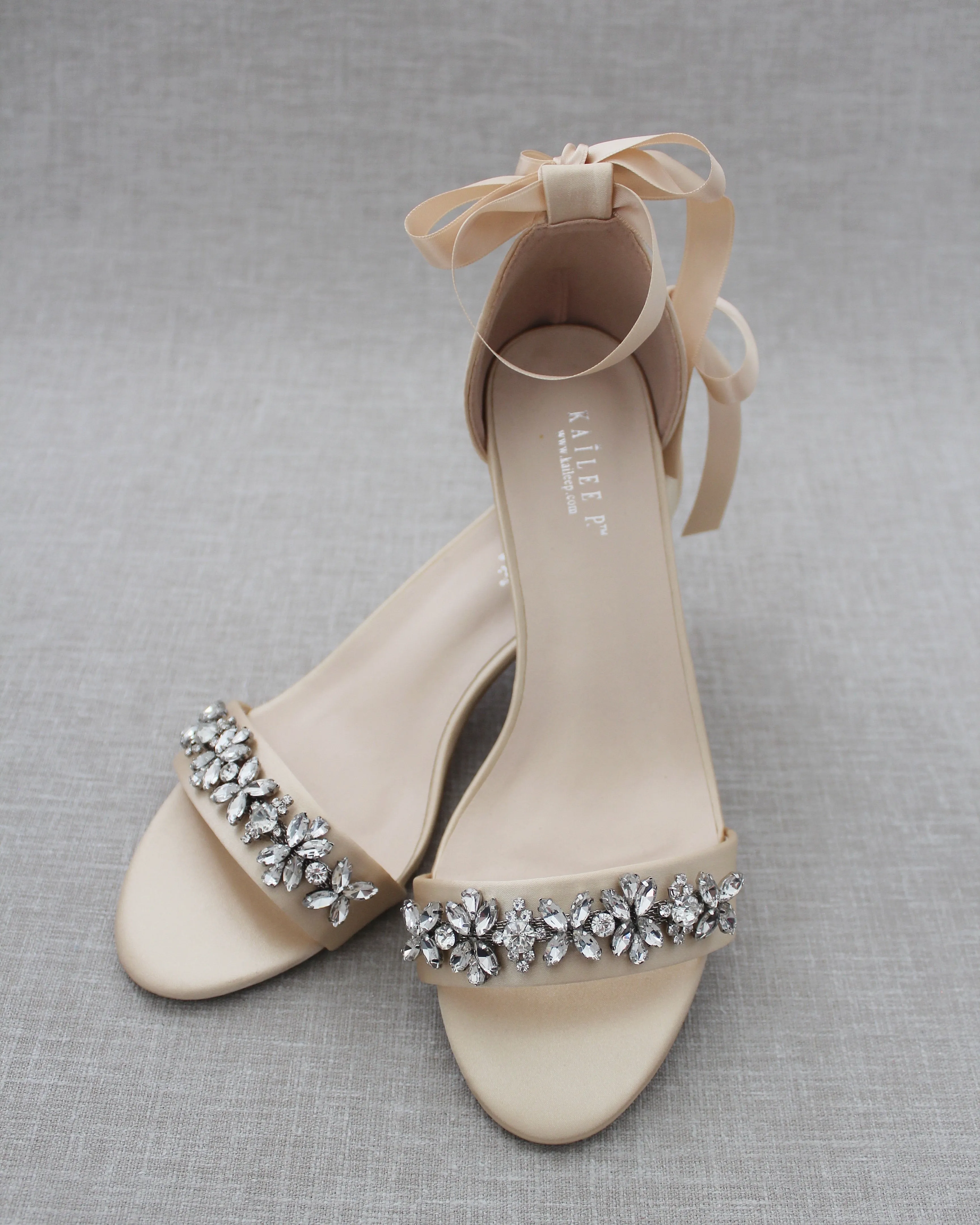 Champagne Satin Block Heel Sandals with Floral Rhinestones