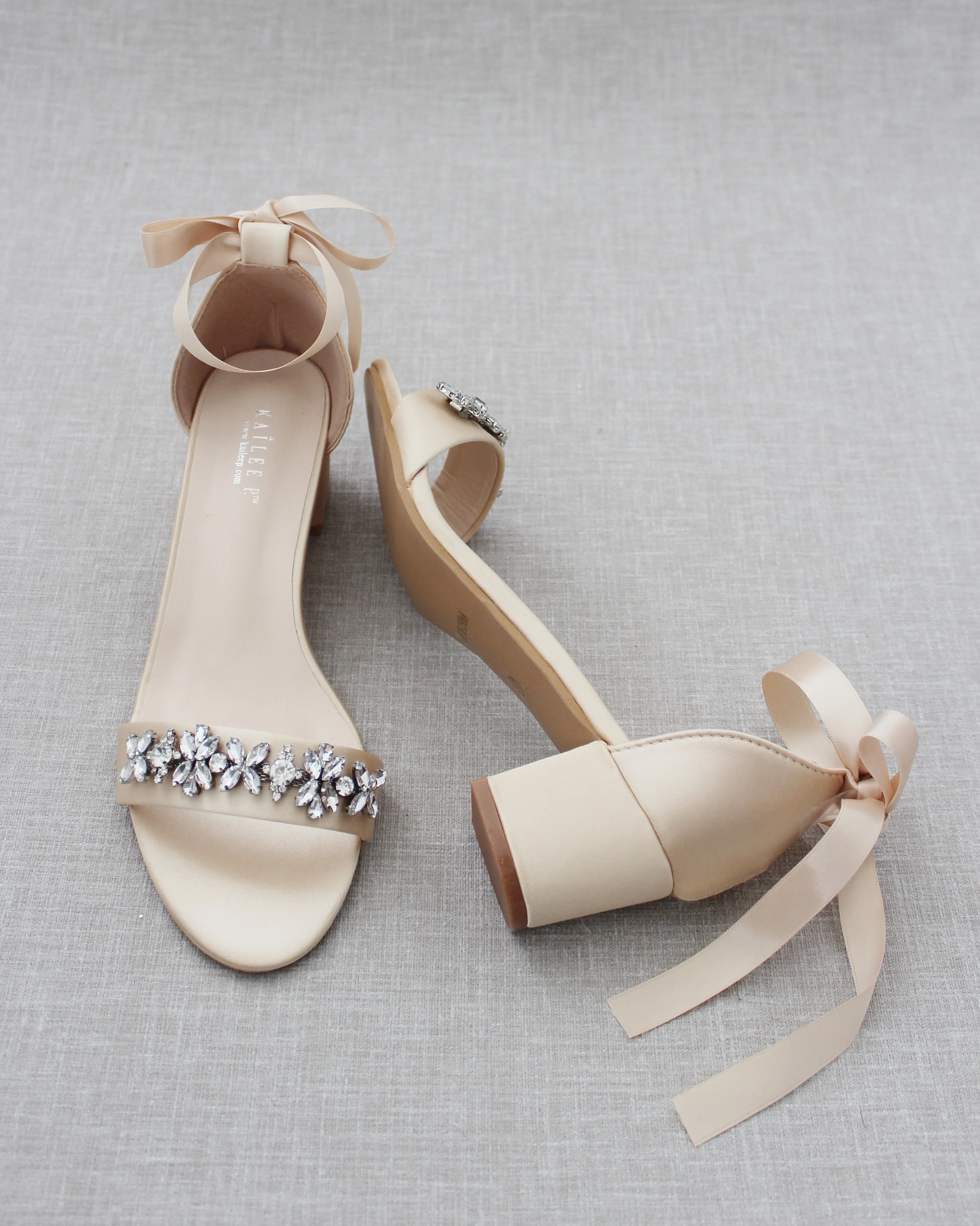 Champagne Satin Block Heel Sandals with Floral Rhinestones