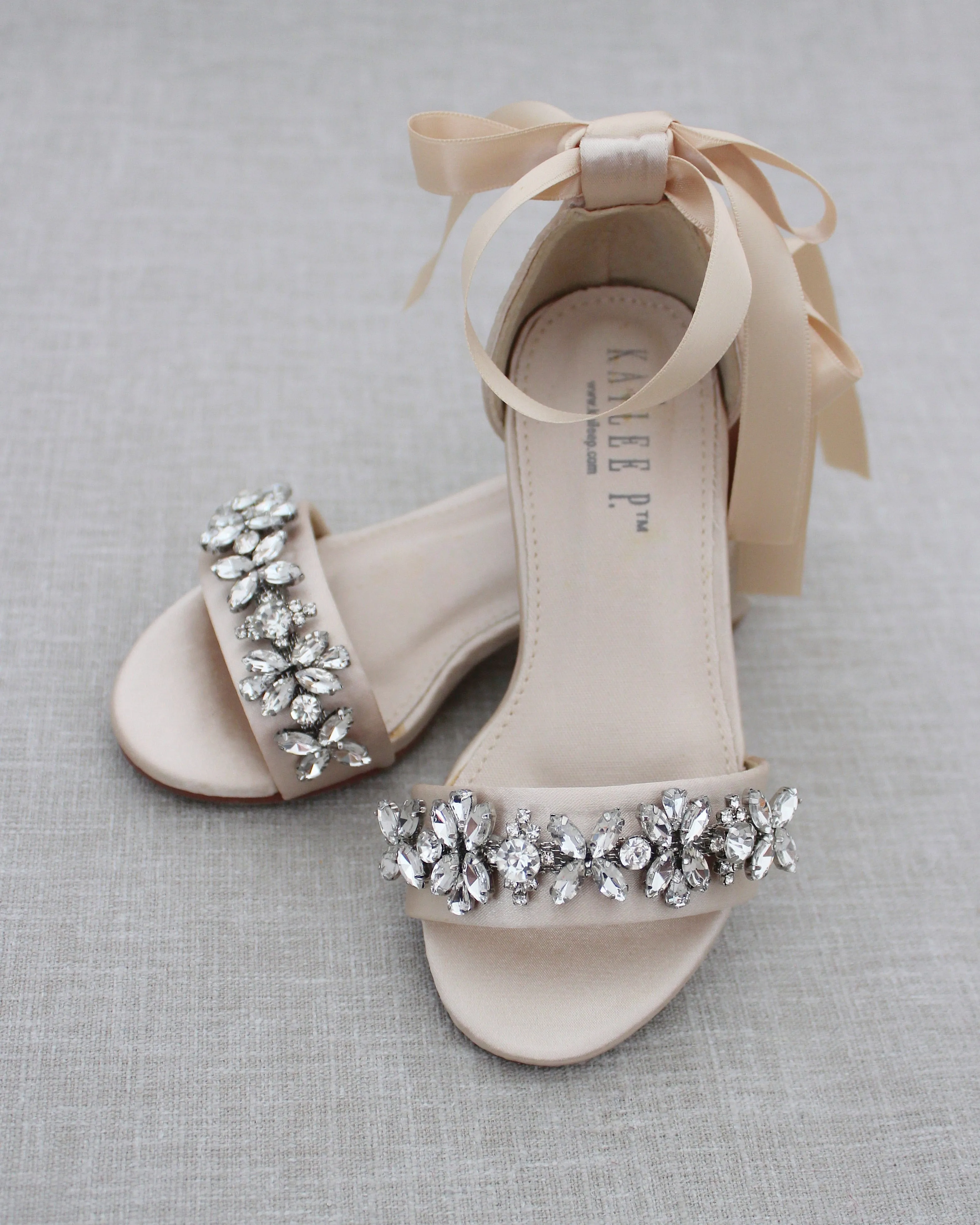 Champagne Satin Block Heel Sandals with Floral Rhinestones