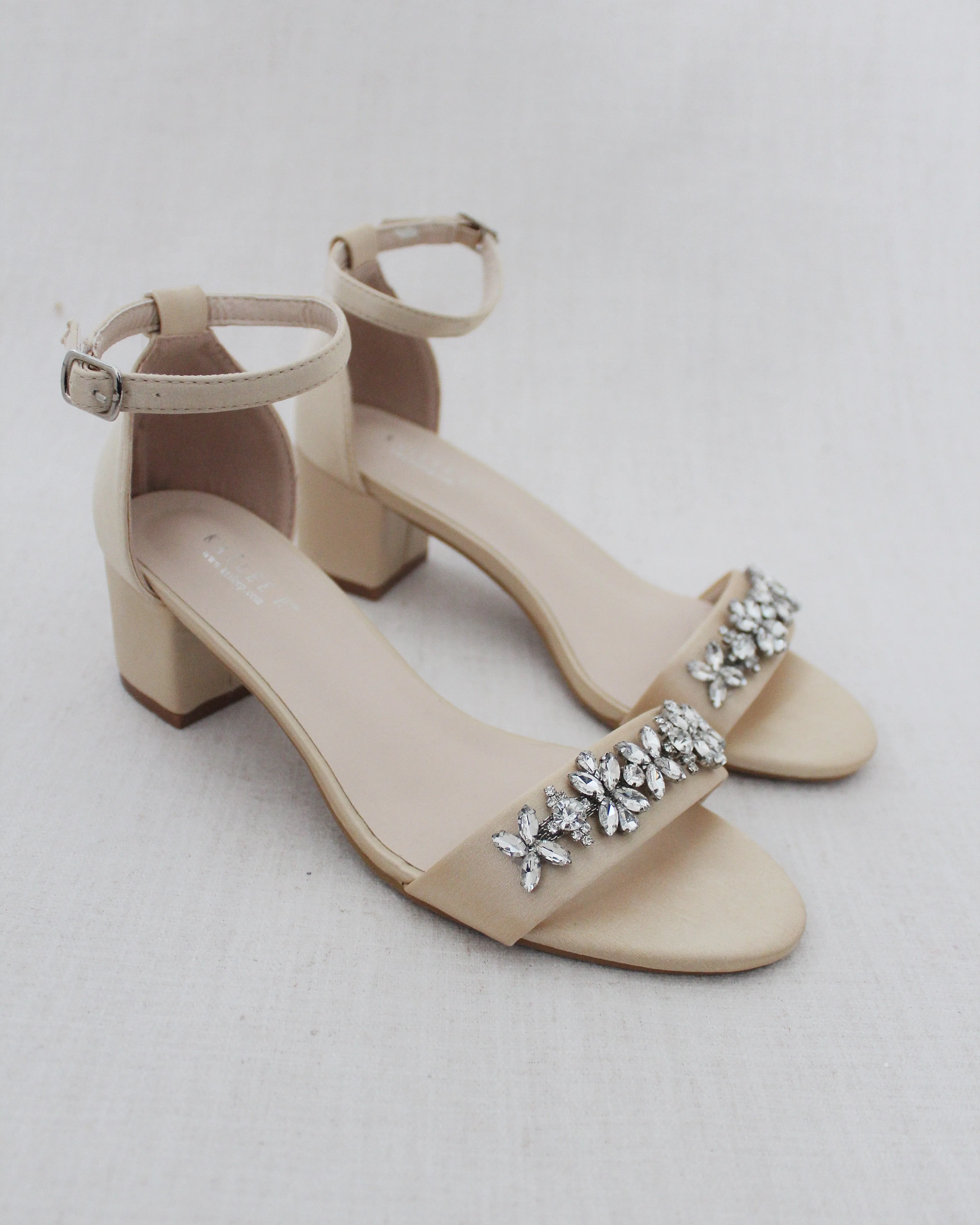 Champagne Satin Block Heel Sandals with Floral Rhinestones