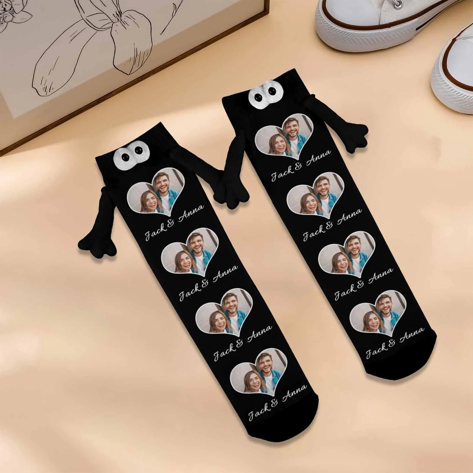 Custom Photo&Name Magnetic Holding Hands Socks Suction Funny Big Eye Socks Couple Valentine's Day Gift