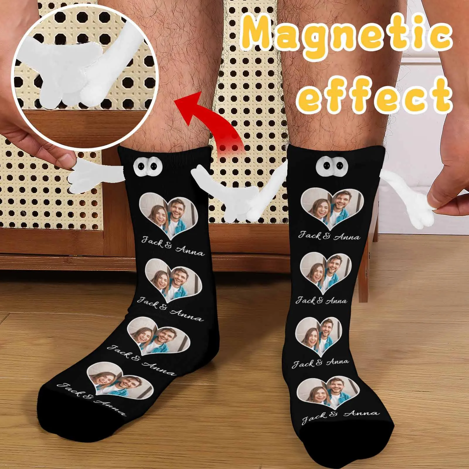 Custom Photo&Name Magnetic Holding Hands Socks Suction Funny Big Eye Socks Couple Valentine's Day Gift