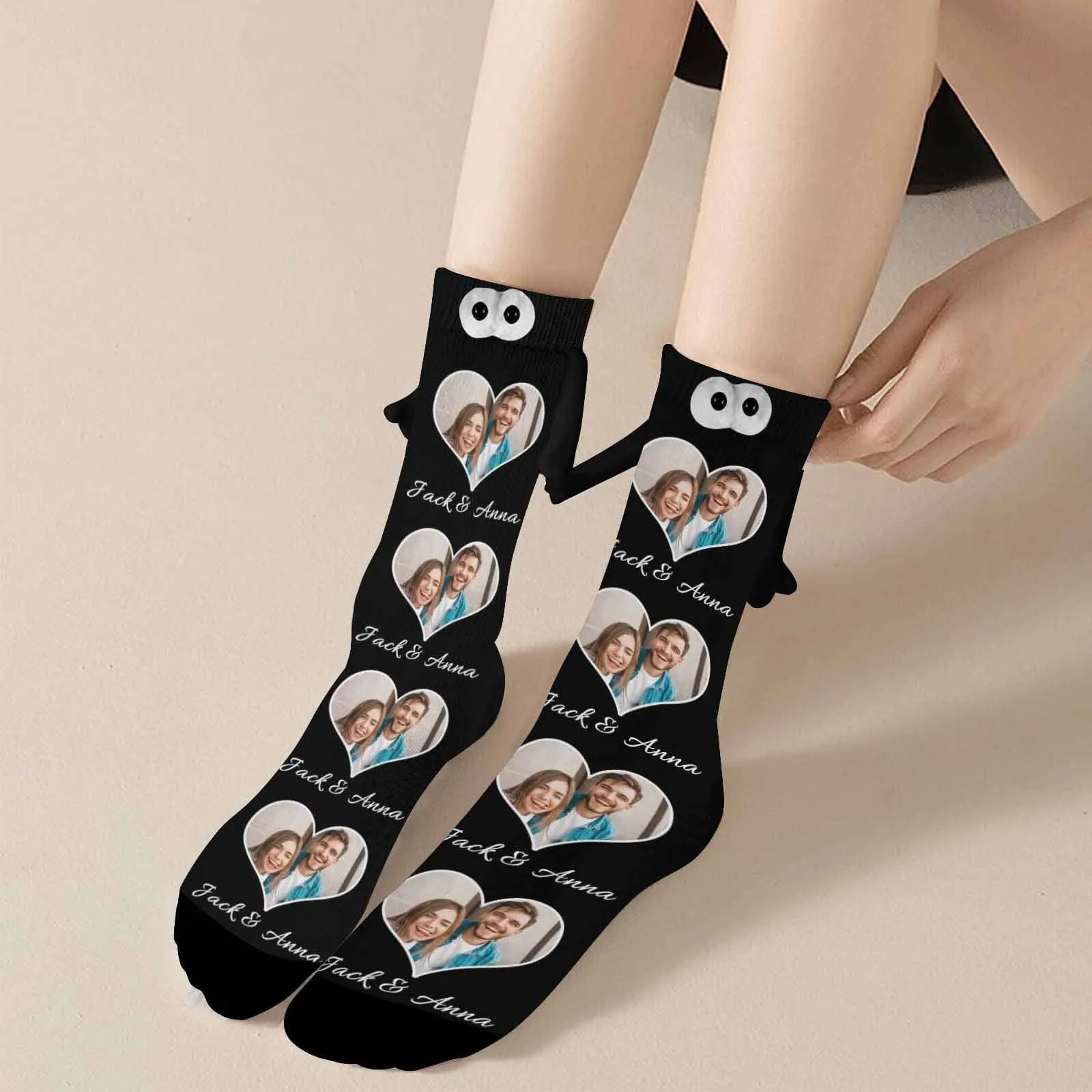 Custom Photo&Name Magnetic Holding Hands Socks Suction Funny Big Eye Socks Couple Valentine's Day Gift