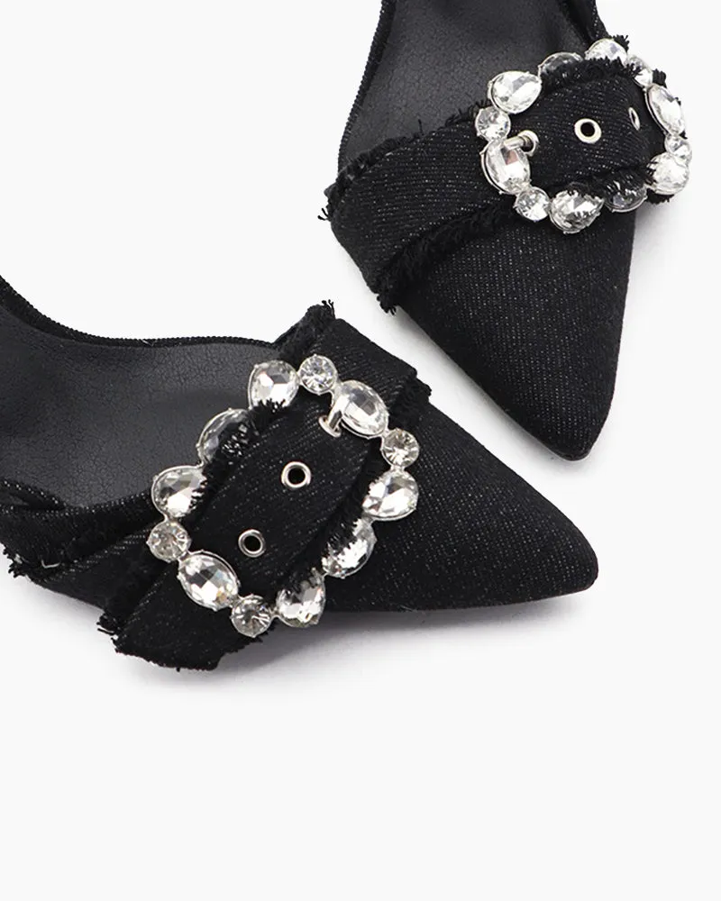 Denim Rhinestone High Heel Pointed Toe Sandals