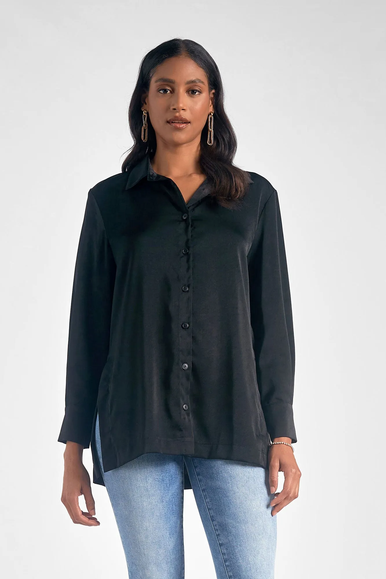 Elan Black Satin Button Down Tunic