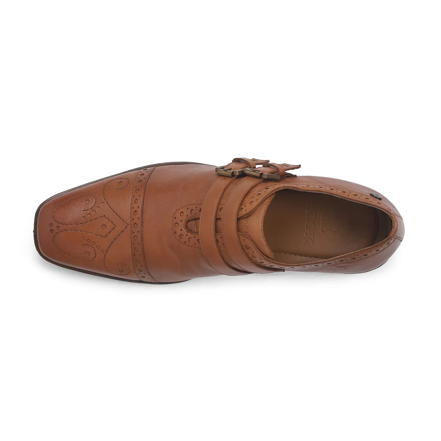 Ezok Men Tan Double Monk Strap Shoes