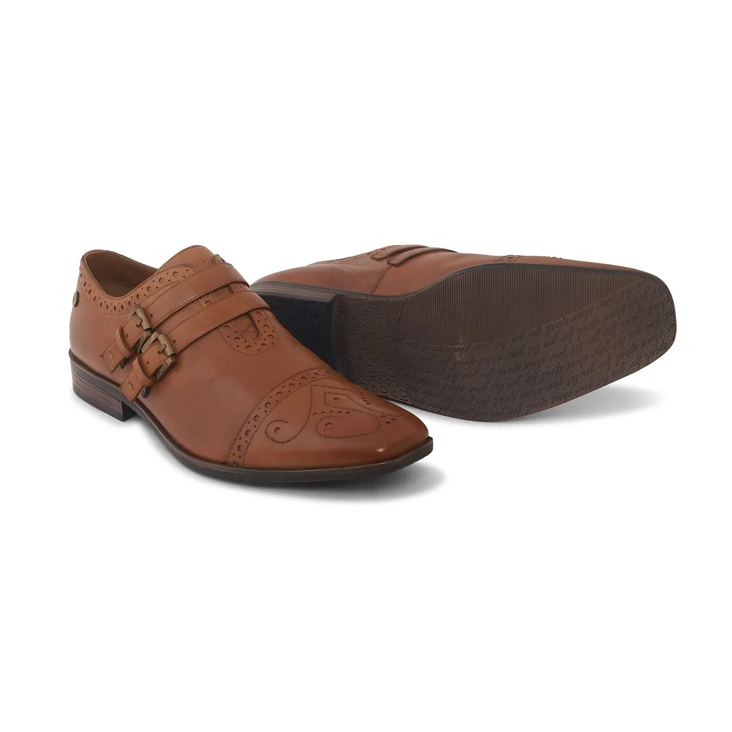 Ezok Men Tan Double Monk Strap Shoes