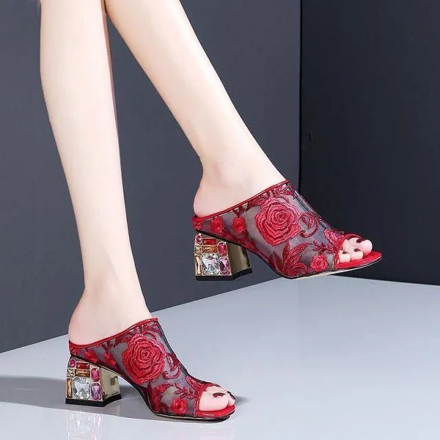 Floral Peep Toe Slip On Shoes