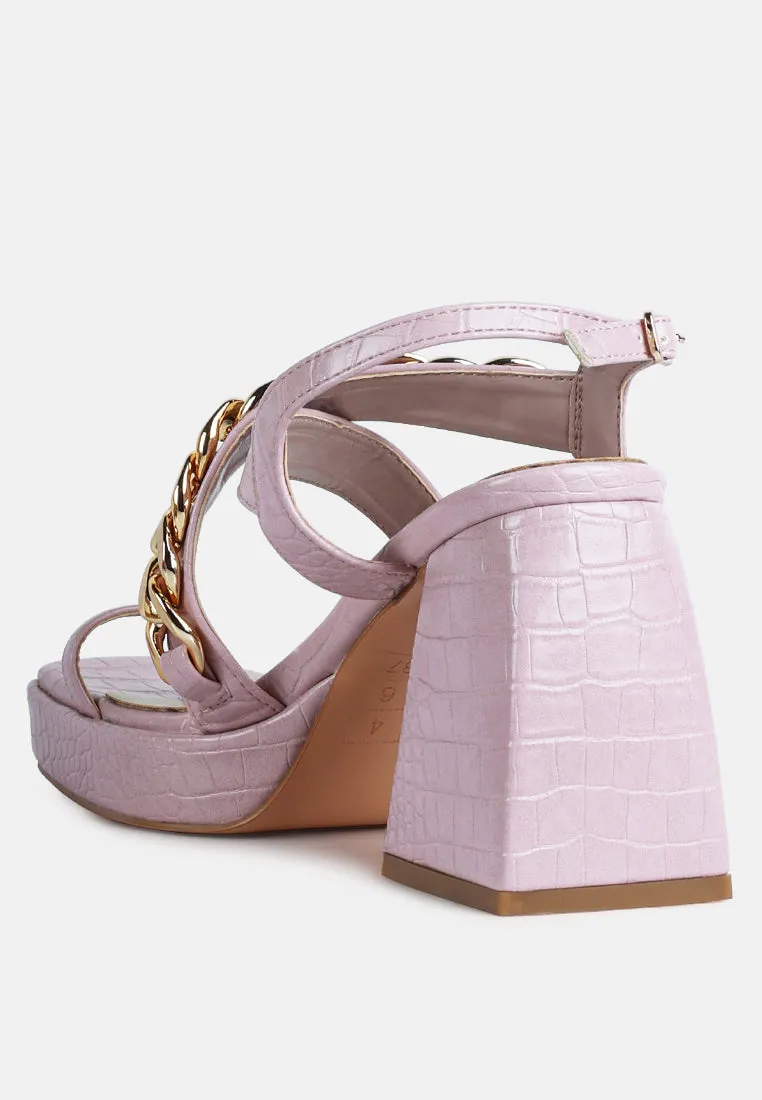 frecklin metal chain block heel sandals