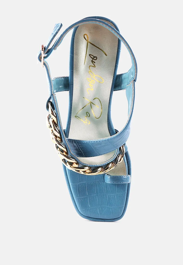 frecklin metal chain block heel sandals