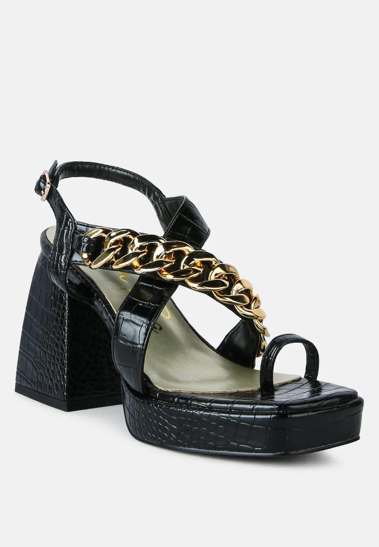 frecklin metal chain block heel sandals