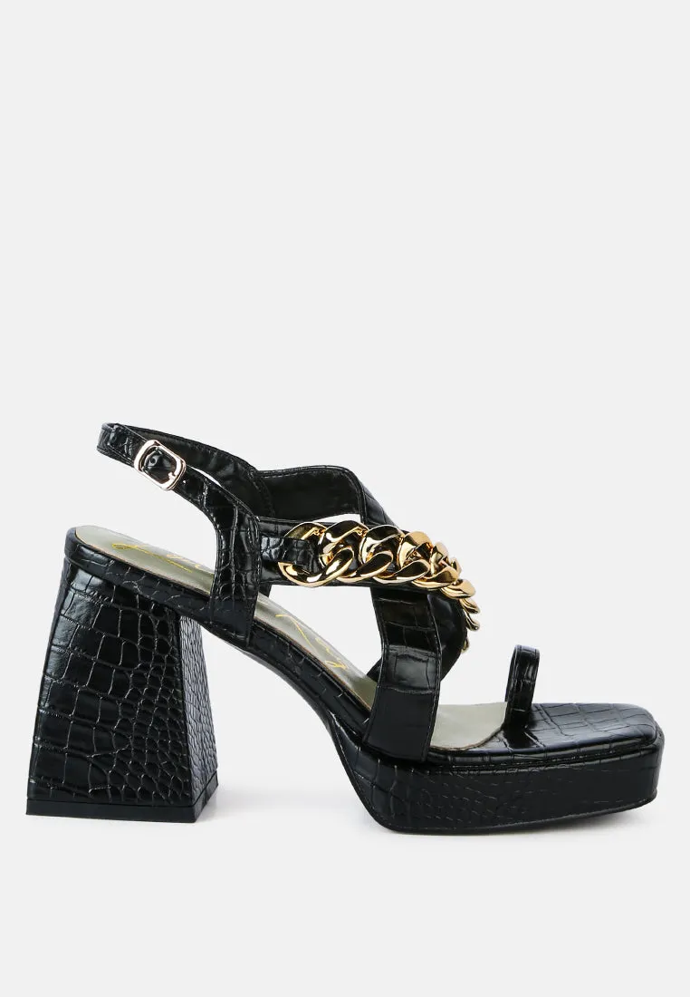 frecklin metal chain block heel sandals