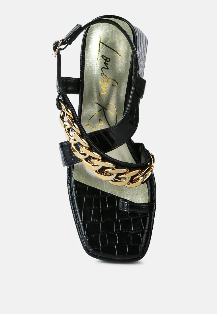 frecklin metal chain block heel sandals