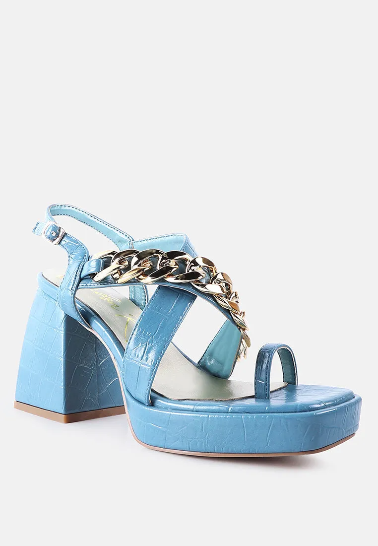 frecklin metal chain block heel sandals