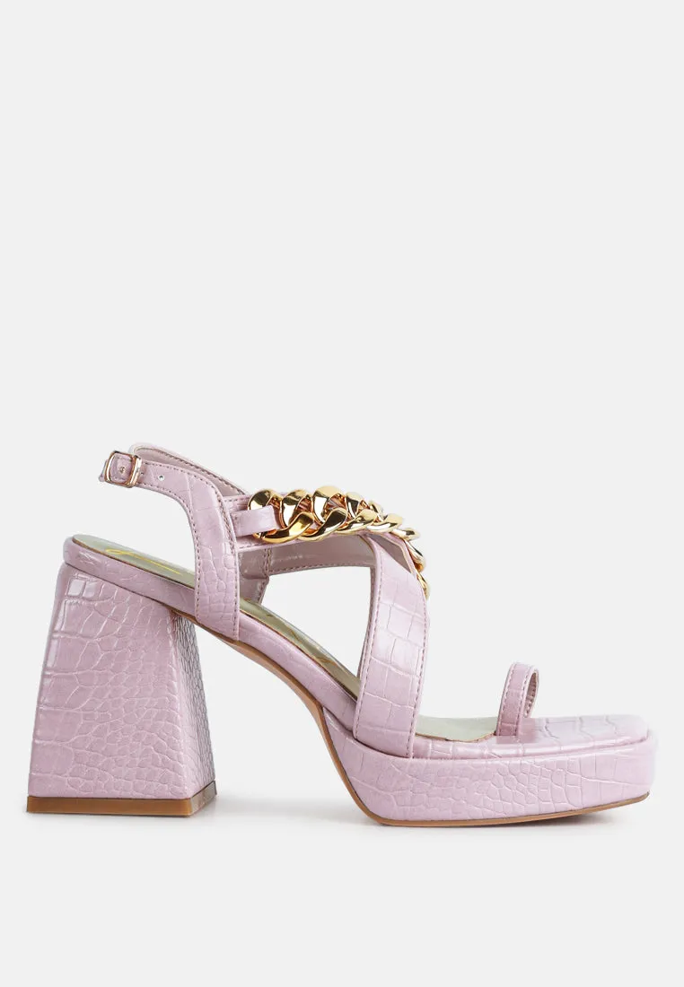 frecklin metal chain block heel sandals