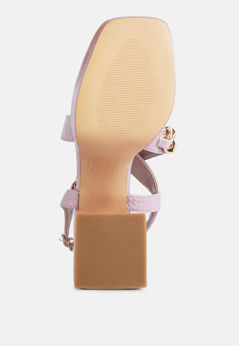 frecklin metal chain block heel sandals