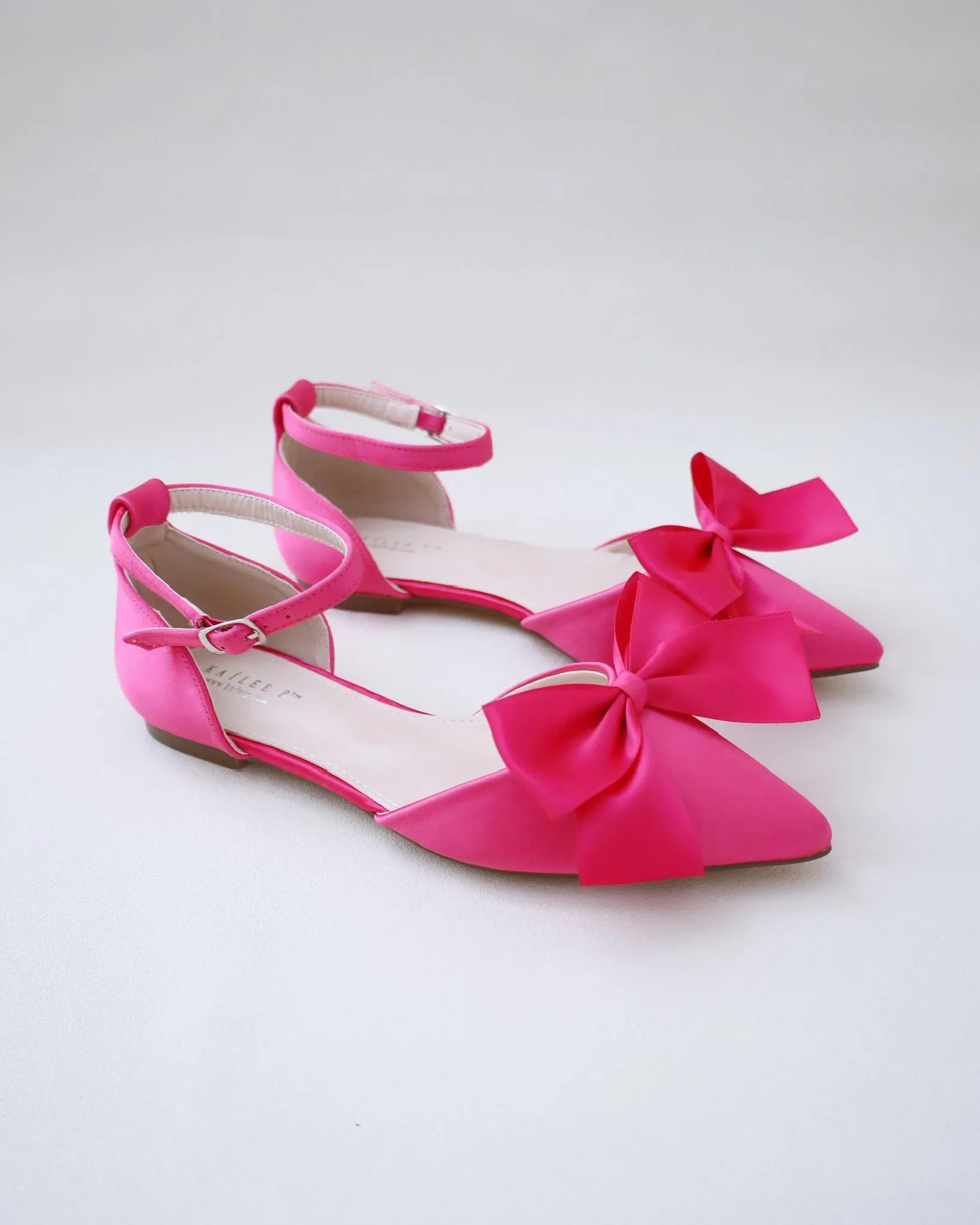 Fuchsia Satin Pointy Toe flats with Front Satin Bow