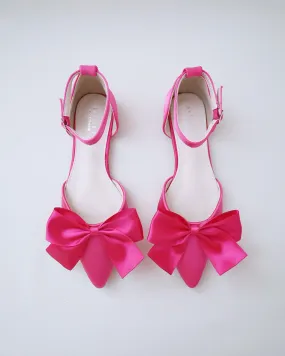 Fuchsia Satin Pointy Toe flats with Front Satin Bow