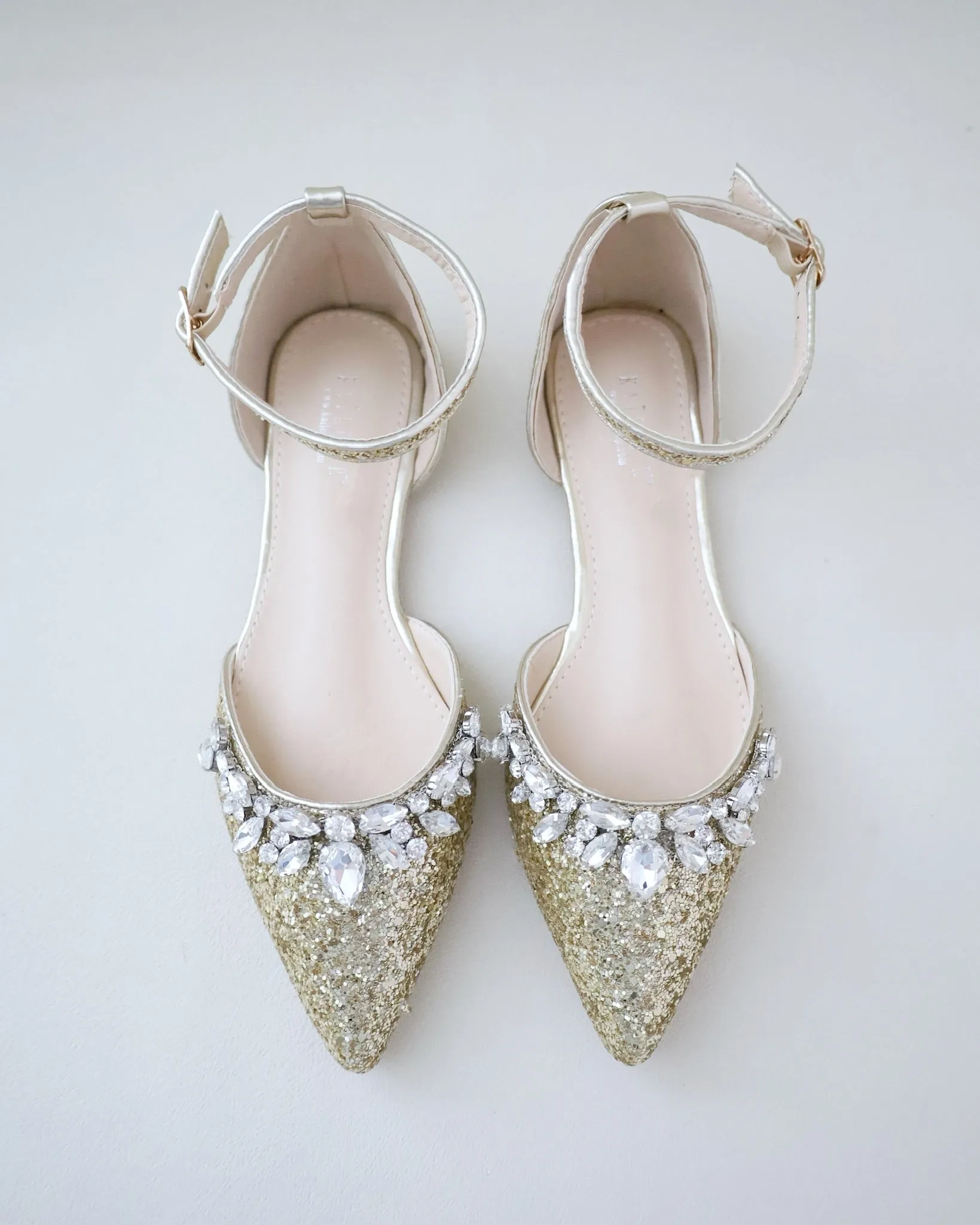 Gold Pointy Toe Glitter Ankle Strap Flats with Teardrop Rhinestones